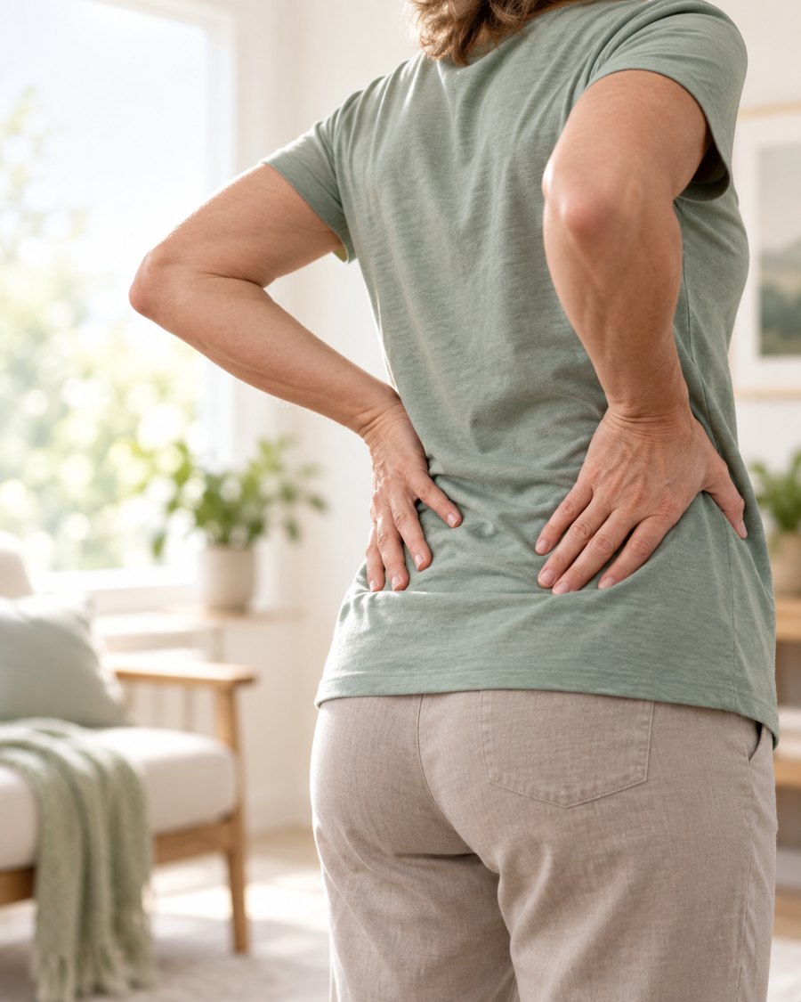 A person standing at home with both hands pressed to their lower back